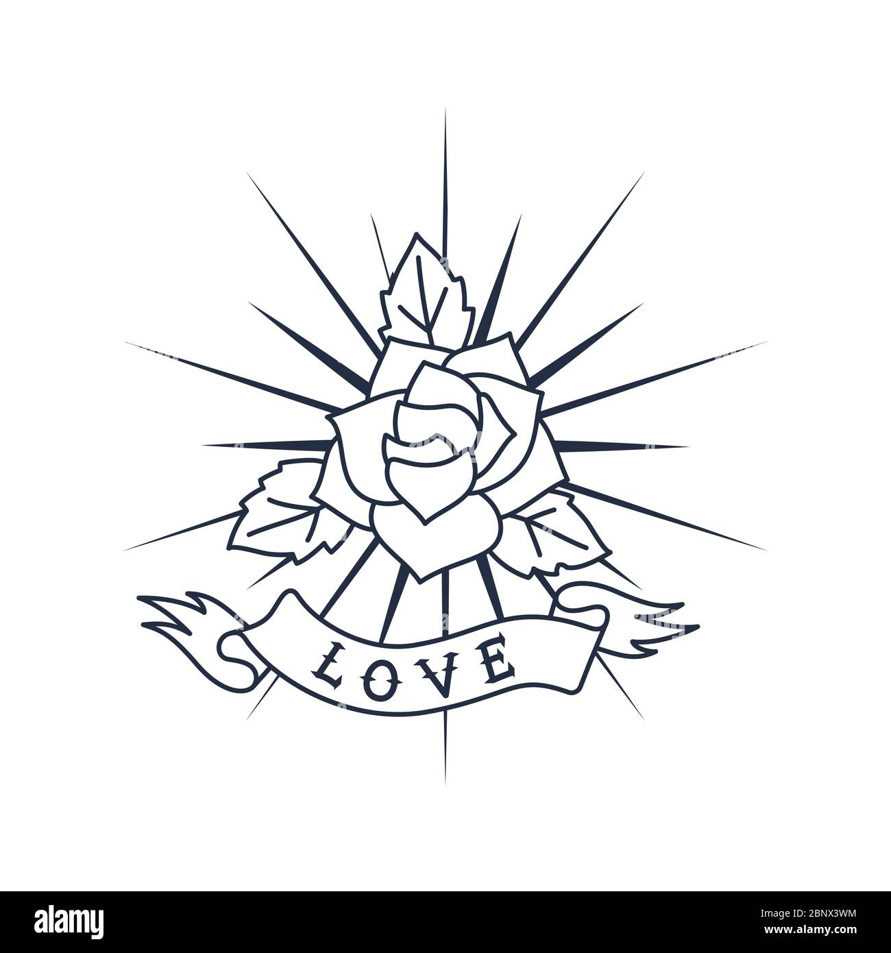 Logo rétro, rose et ruban avec mot amour. Isolé sur fond blanc. Illustration vectorielle Illustration de Vecteur