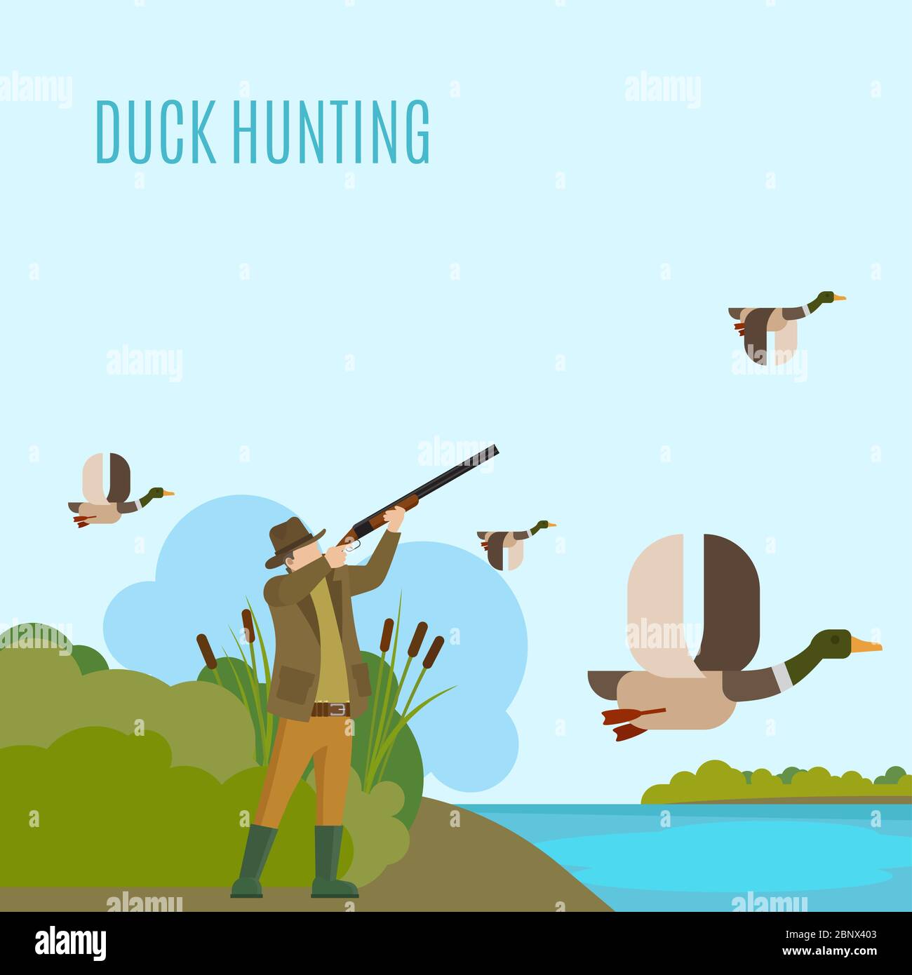 Illustration du concept de chasse. Illustration du vecteur de chasse au canard avec chasseur et canards Illustration de Vecteur
