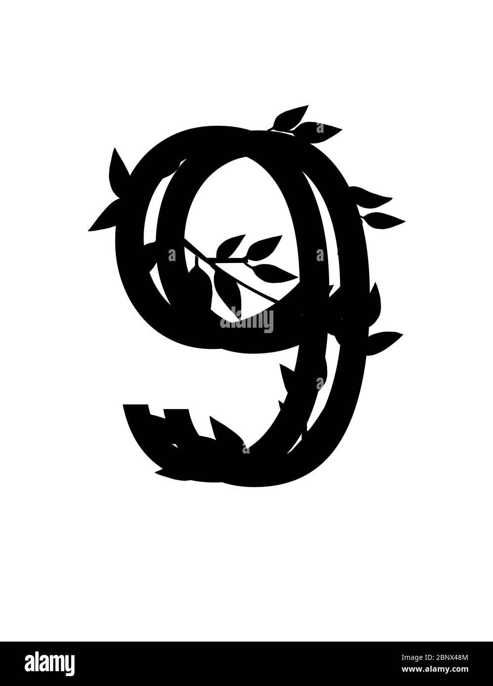 Silhouette noire numéro 9 feuilles couvertes police ECO illustration vectorielle plate isolée sur fond blanc Illustration de Vecteur