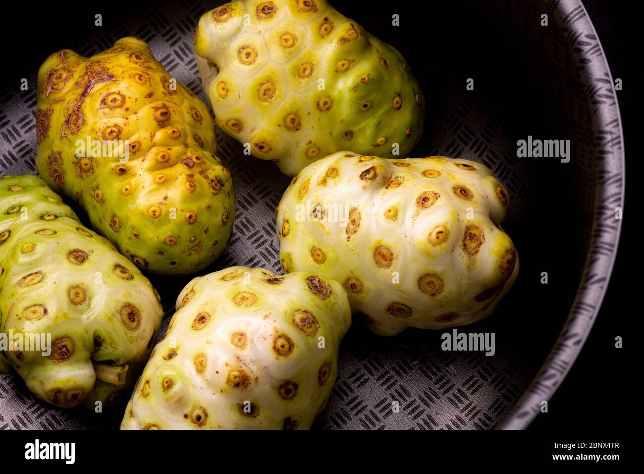 Noni ou fromage fruits regroupés avec différentes nuances de couleurs contrastées contre une surface métallique sombre d'une poêle. Plat de studio à faible teneur Banque D'Images