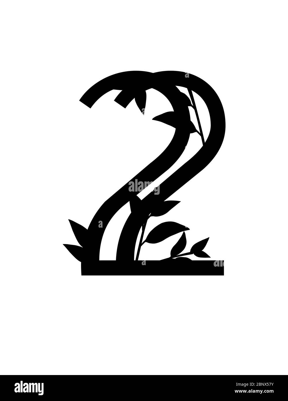 Silhouette noire numéro 2 feuilles couvertes police ECO illustration vectorielle plate isolée sur fond blanc Illustration de Vecteur