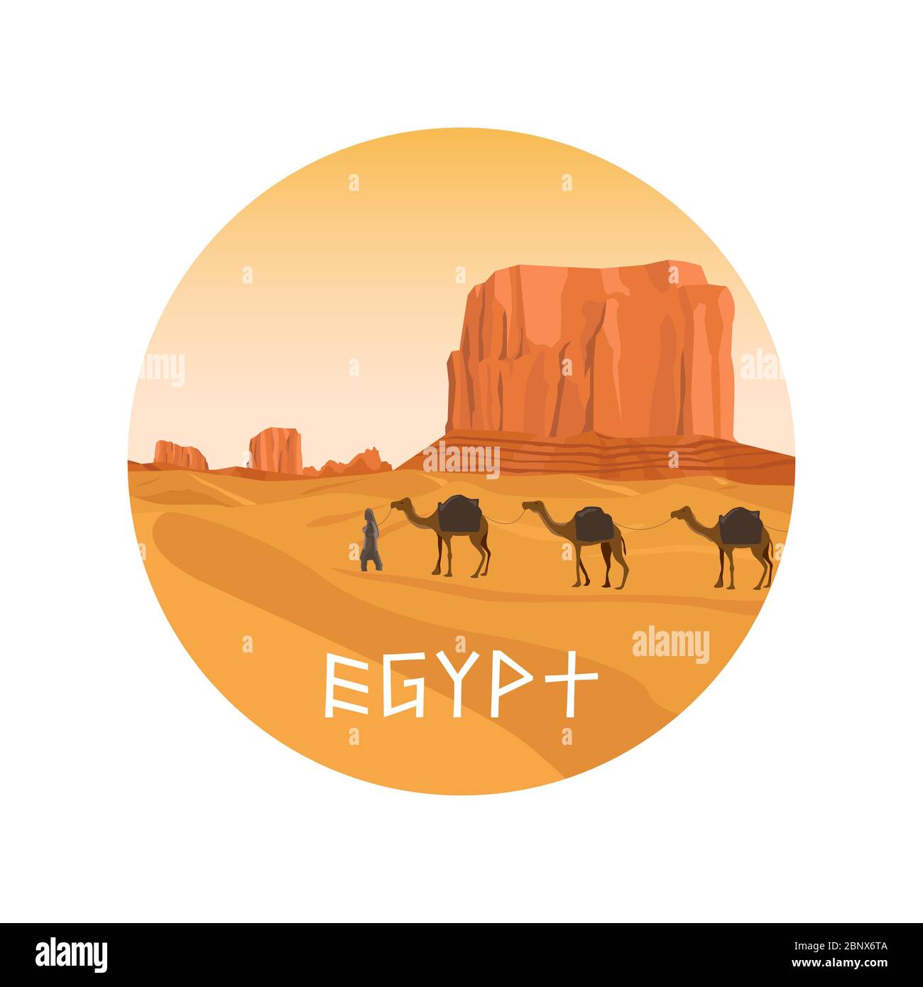 Encerclez icône isolée avec l'Egypte Sahara désert, les collines de sable et le chameau. Illustration vectorielle Illustration de Vecteur