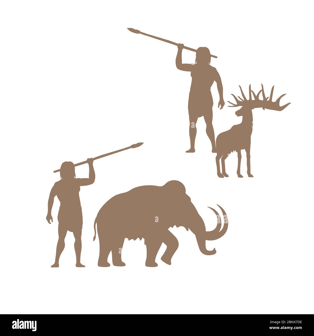 Silhouettes d'hommes et d'animaux anciens, mammouth et cerf, vecteur isolé pour la conception de logo Illustration de Vecteur