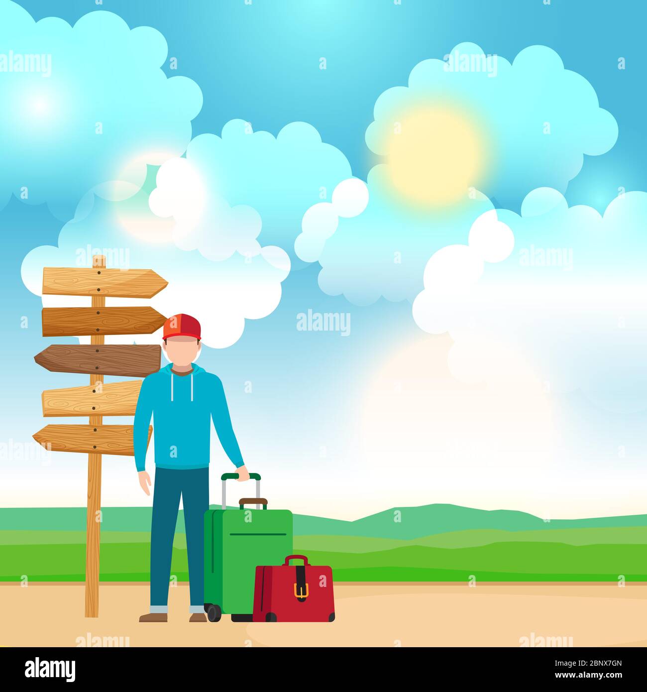 Homme avec des sacs de voyage près du panneau de direction de chemin en bois. Illustration vectorielle Illustration de Vecteur