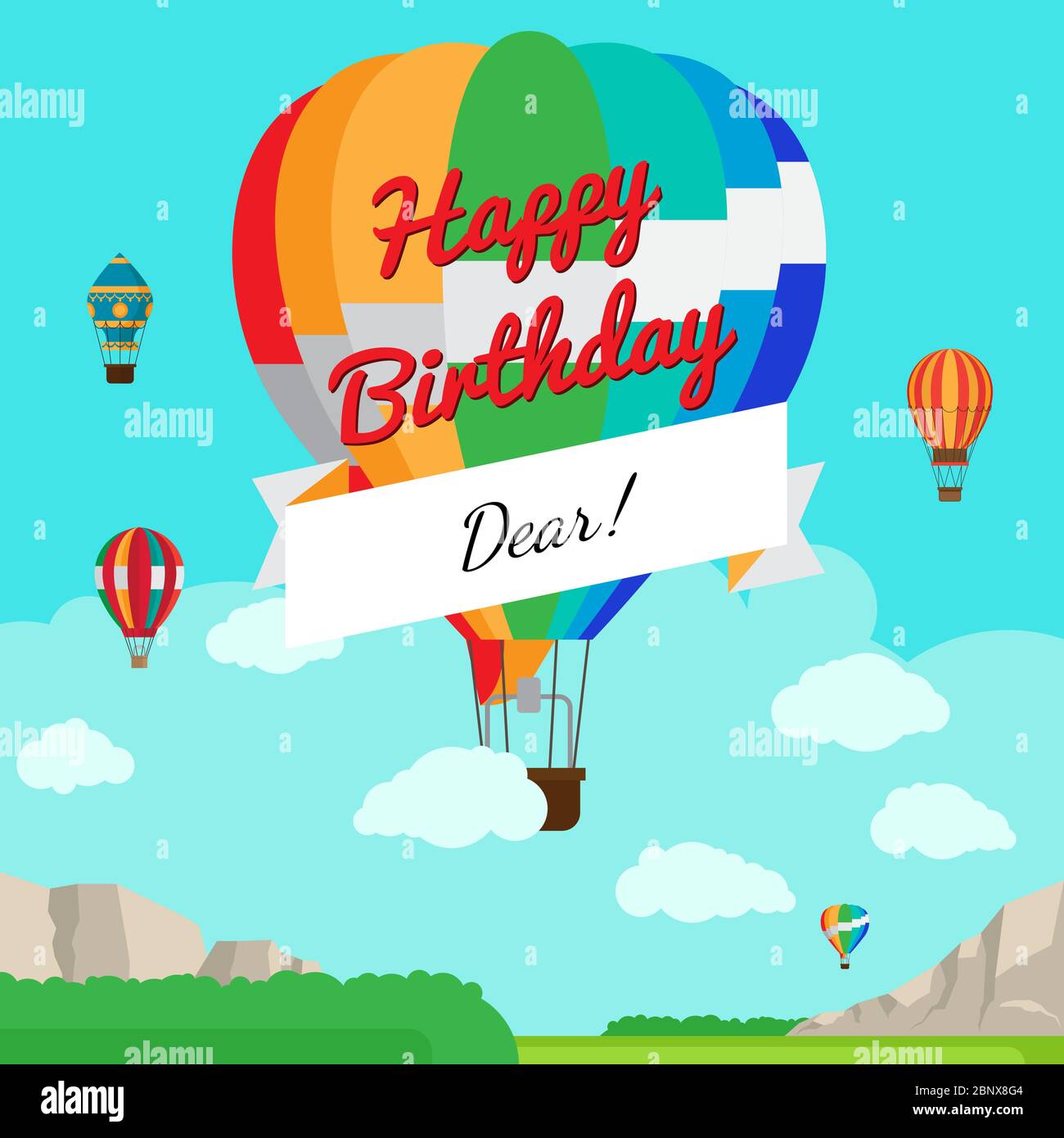 Montgolfiere Coloree Avec Ruban Blanc Carte D Anniversaire Ballons D Air Volant Sur L Illustration Vectorielle De Paysage De Montagne Image Vectorielle Stock Alamy