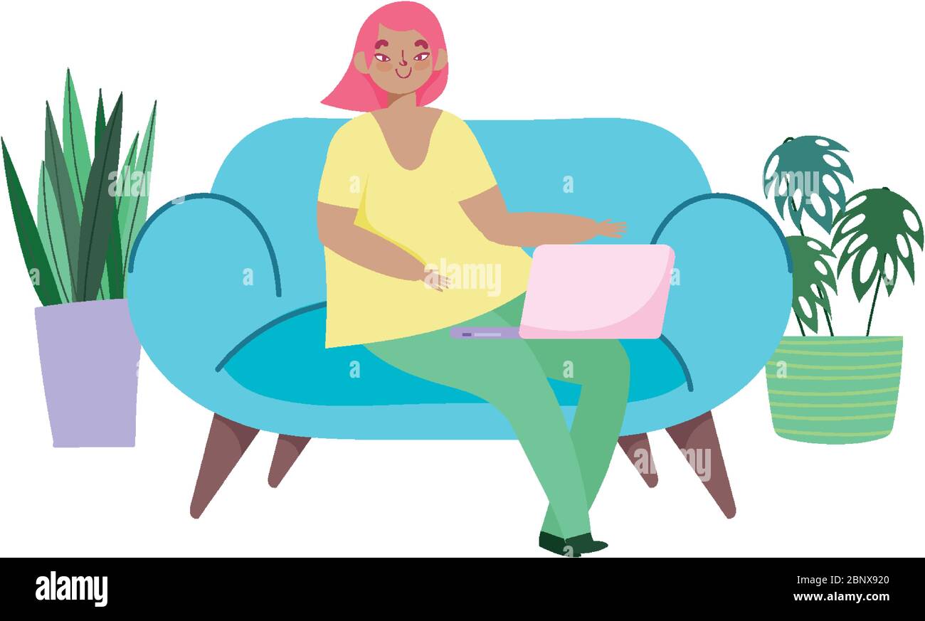travaillant à distance, jeune femme assise sur un canapé avec ordinateur portable plantes illustration vectorielle Illustration de Vecteur