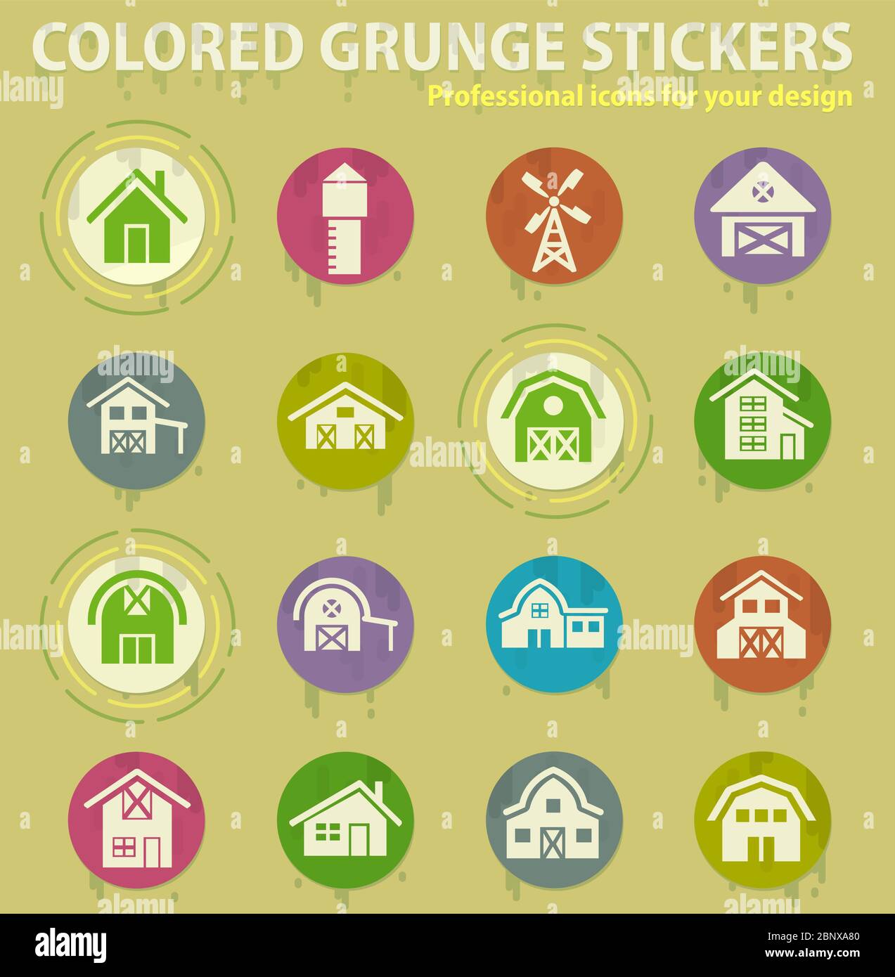 icônes de grunge colorées pour les bâtiments agricoles Illustration de Vecteur