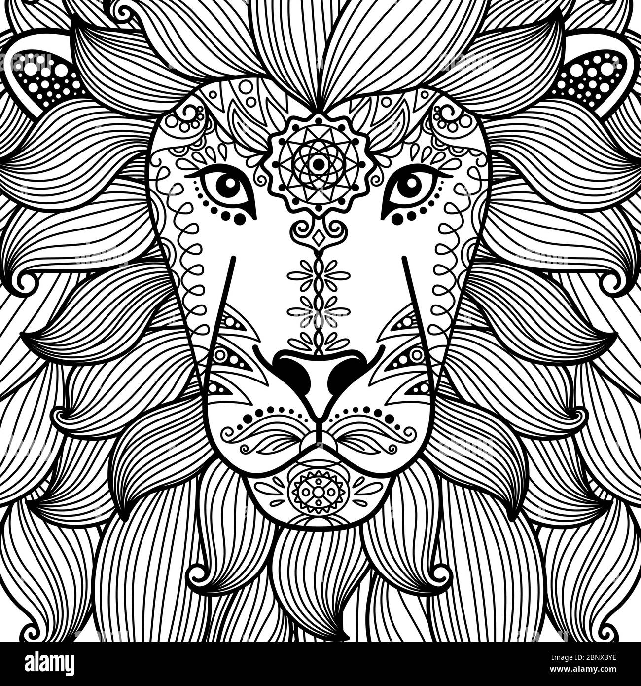 Dessin à la main mignon noir contour tête de lion avec motif floral ethnique Illustration de Vecteur