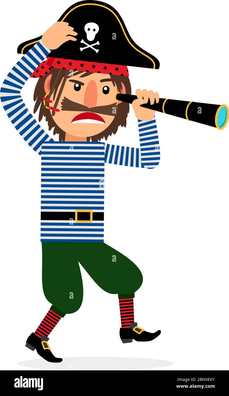Personnage de dessin animé pirate marchant avec des spyglass. Icône vectorielle sur fond blanc Illustration de Vecteur