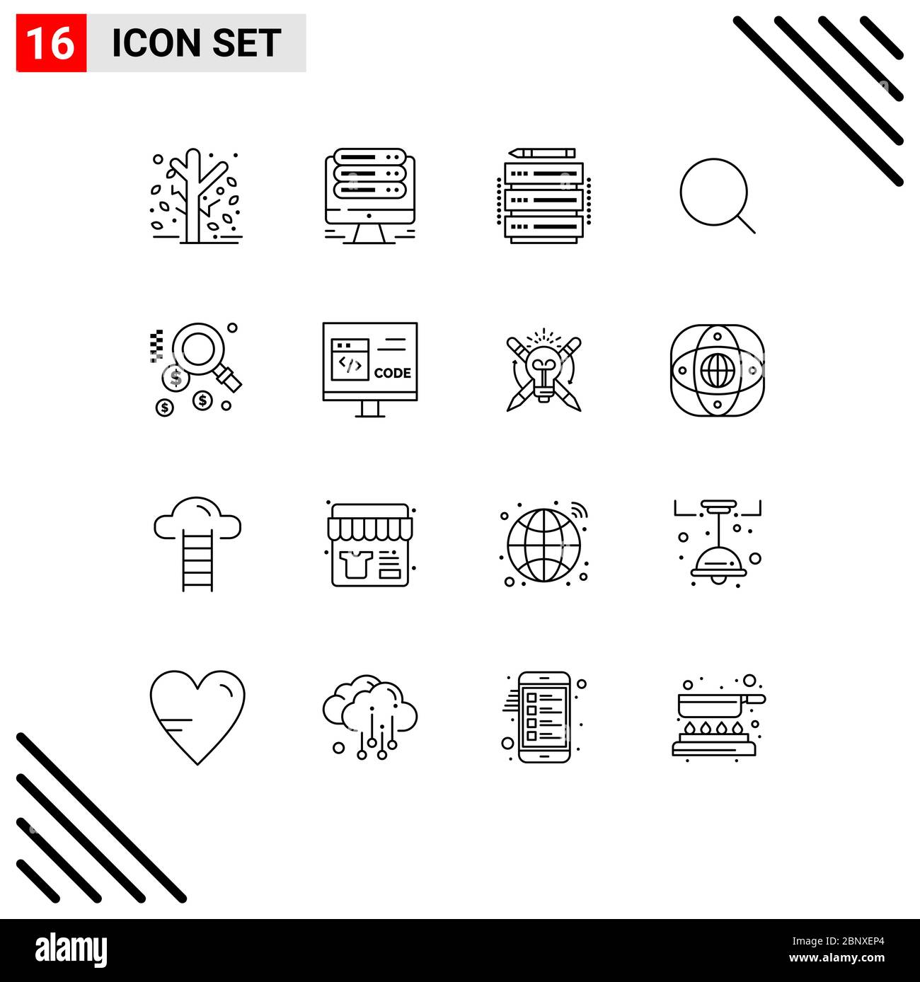 Ensemble moderne de 16 contours et symboles tels que dollar, outil, web, agrandir, éléments de conception vectorielle modifiables par serveur Illustration de Vecteur