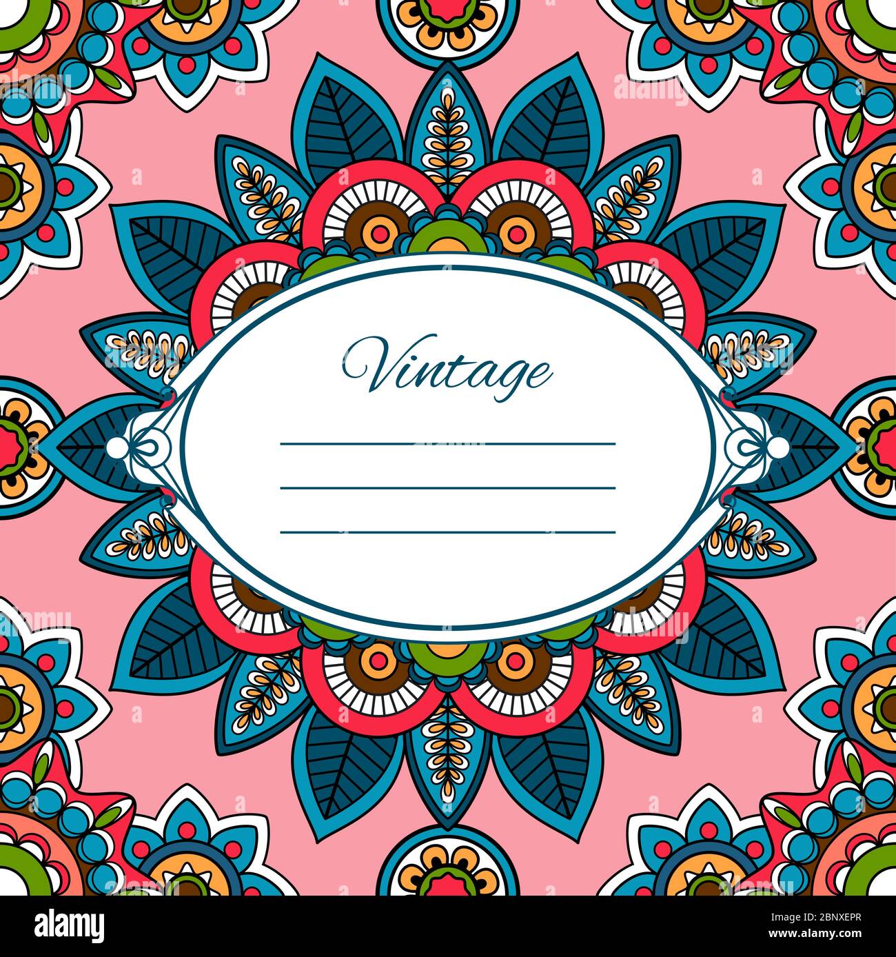 Carte de vœux de style bohémien colorée avec motif et cadre ovale. Illustration vectorielle Illustration de Vecteur