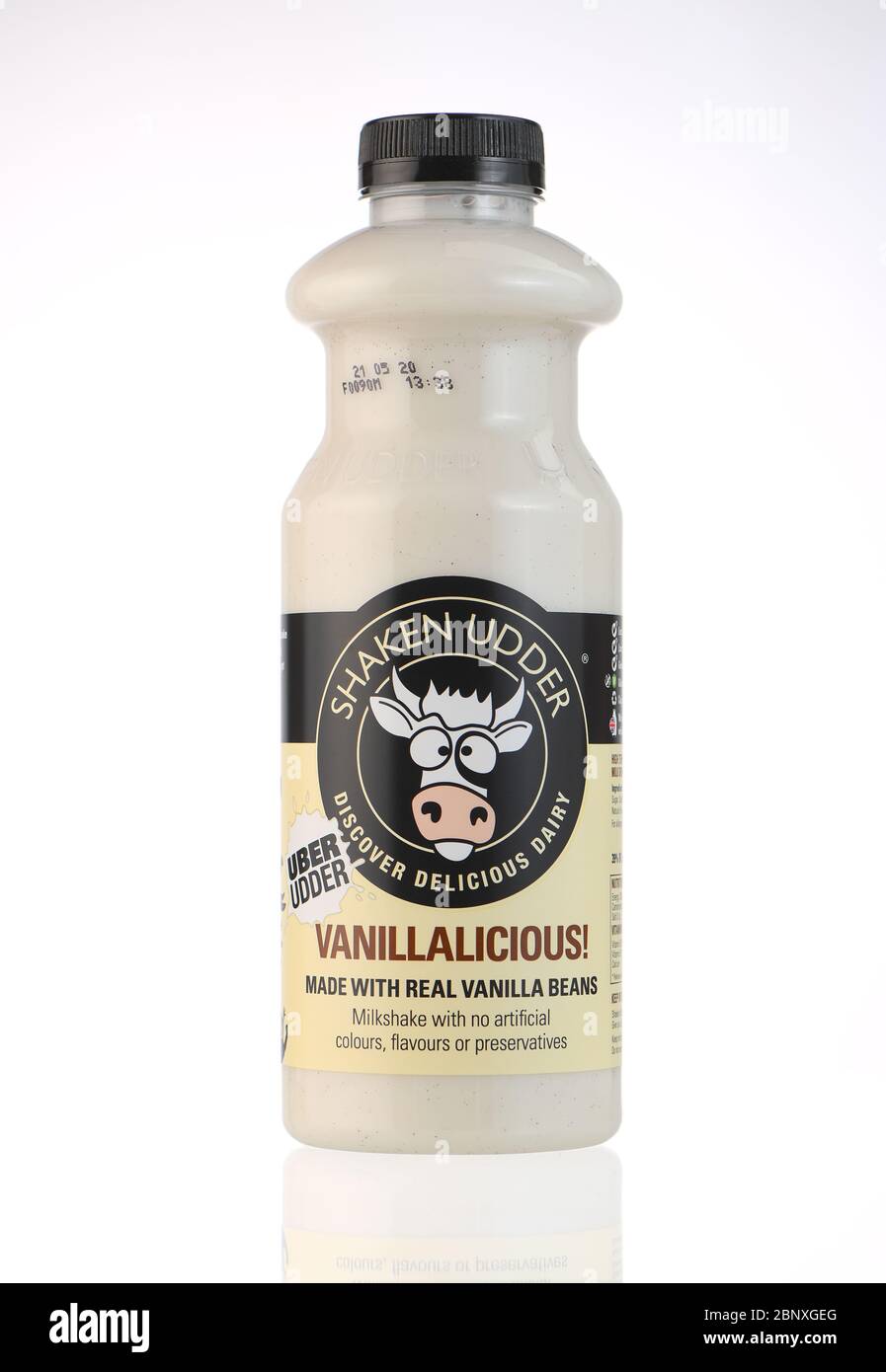 Vanillalicious secoué la bouteille de marque milkshake plus hudder isolée sur un fond blanc. Banque D'Images