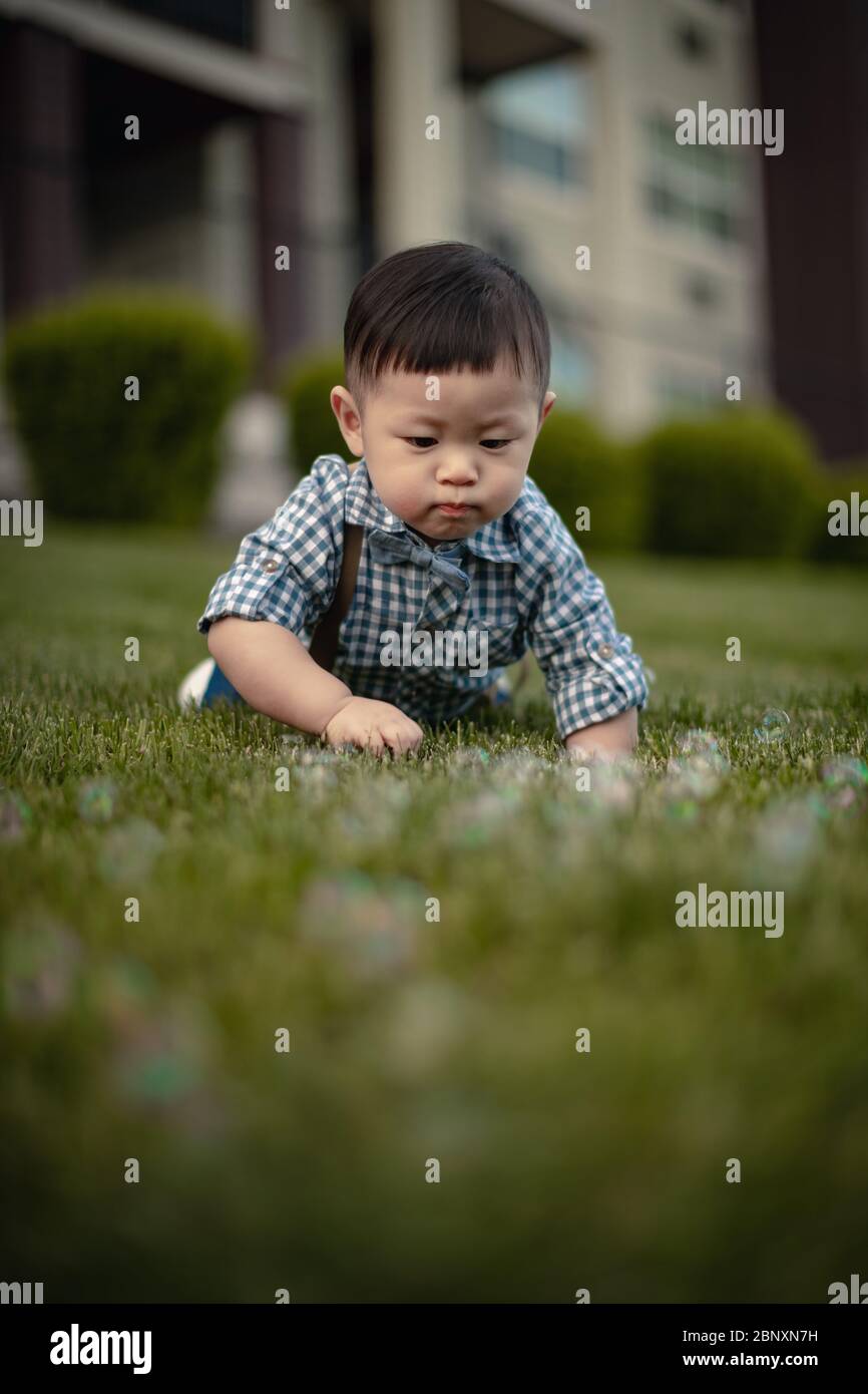 Mignon garçon asiatique jouant seul dans le parc sur l'herbe verte, saison de printemps en plein air Banque D'Images