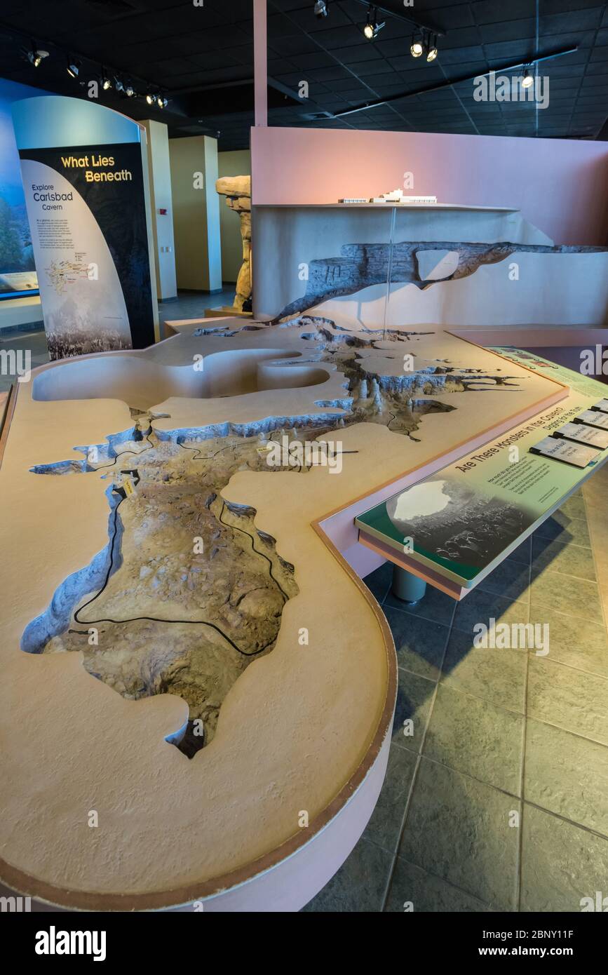 Centre d'accueil du parc national de Carlsbad Caverns avec modèle à échelle du système de grottes, Nouveau-Mexique, États-Unis Banque D'Images