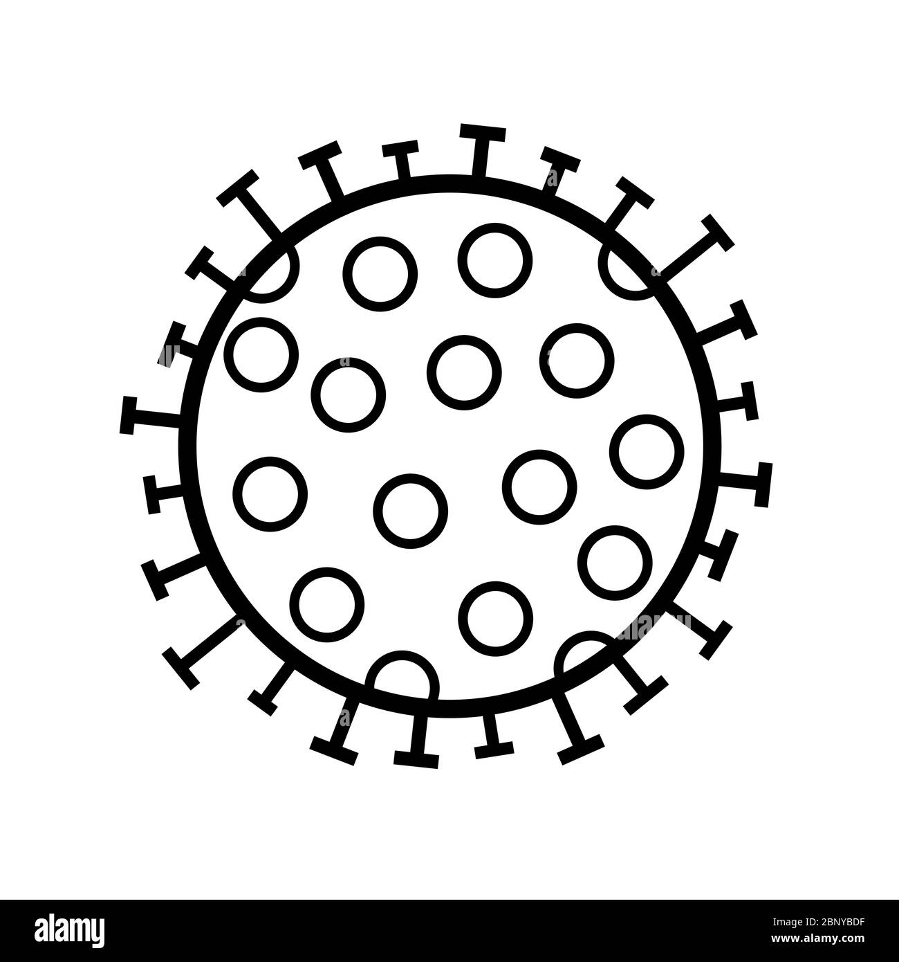 Illustration vectorielle représentant une particule de coronavirus COVID-19 avec un pictogramme en ligne noire sur fond blanc, très stylisé, COVID19 i Banque D'Images