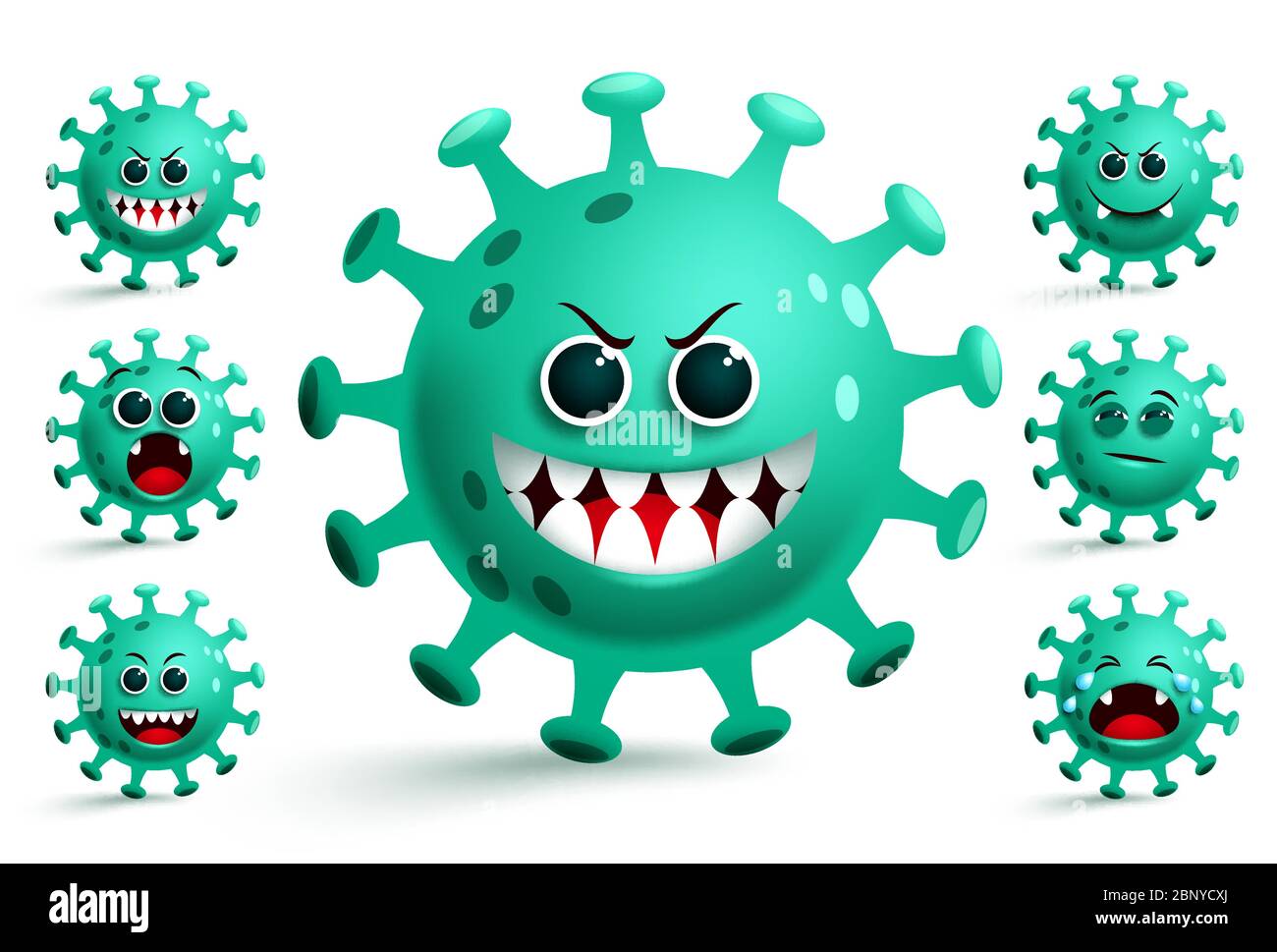 Ensemble de vecteurs d'émojis du virus Corona. Green Covid-19 coronavirus smiley émotijis et émoticônes avec l'expression faciale effrayante pour la collection de carton pandémique. Illustration de Vecteur