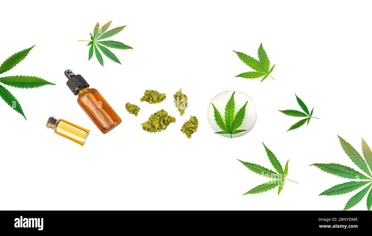 Assortiment de produits de cannabis médical CBD et huiles de THC lotion sur les boutons de fleurs isolés sur blanc Banque D'Images