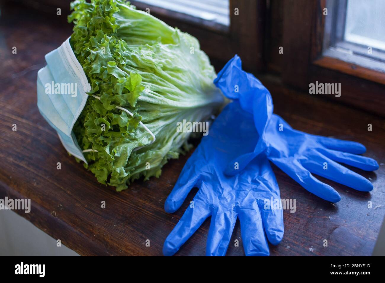 Feuilles vertes de la salade dans le masque chirurgical couché sur le rebord de la fenêtre en bois près des gants de protection bleus. Alimentation appropriée, alimentation de livraison pendant un Banque D'Images