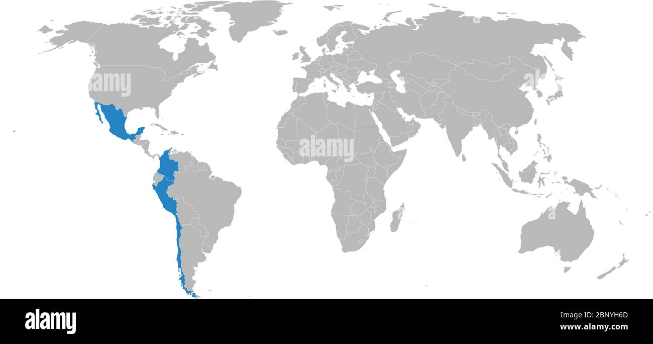 Pays de l'Alliance du Pacifique mis en évidence sur la carte du monde. Bloc commercial latino-américain. Affaires, politique, commerce et tourisme. Illustration de Vecteur