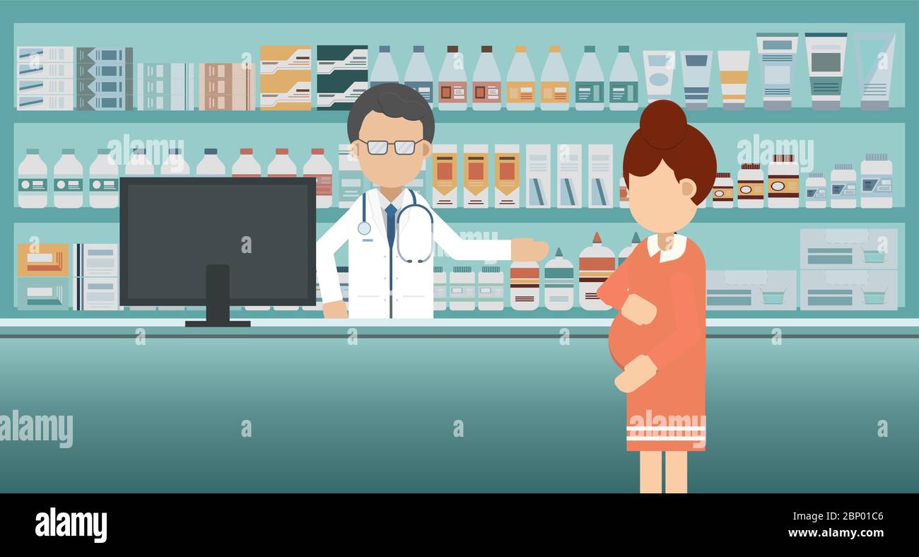 Pharmacie Avec Pharmacien Et Client Enceinte Dessin Vectoriel Plat Image Vectorielle Stock Alamy