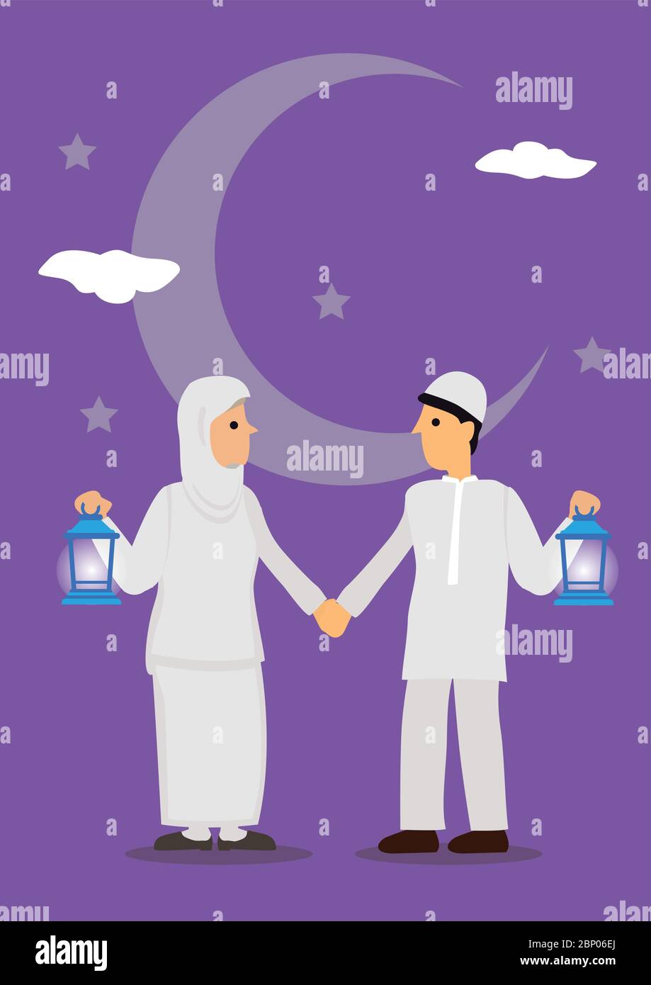 Bande dessinée couple musulman tenant une lanterne avec croissant de lune, étoiles et en arrière-plan. Carte de voeux à jeun pour le ramadan. Illustration du vecteur plat. Illustration de Vecteur
