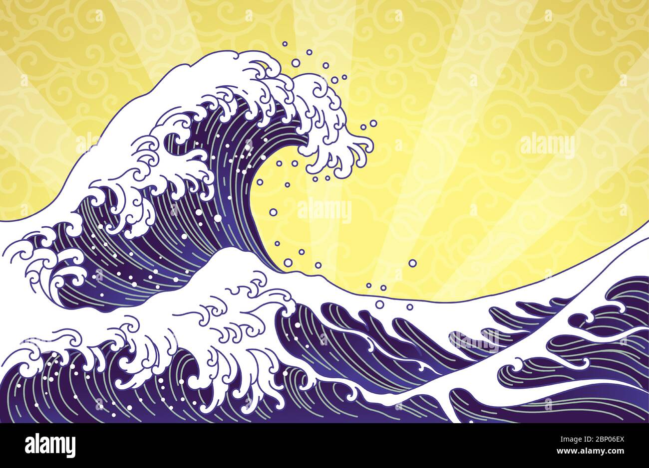 Superbe illustration de style oriental de vagues et d'océan isolée sur un soleil doré et un fond de nuages sans couture. Vagues du Japon et vecteur de nuage chinois. Illustration de Vecteur