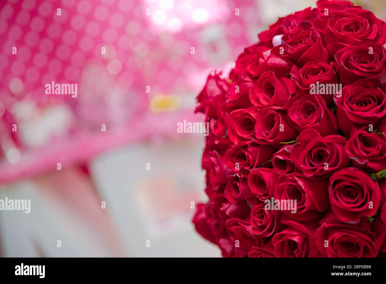 Grand bouquet de cent grandes fleurs de roses rouges sur la table . Un bouquet de fleurs bouquet de cent roses rouges . Banque D'Images