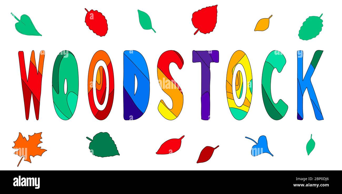 Woodstock. Inscription multicolore et feuilles colorées. Lettres contrastées. Inscription pour bannières, affiches, imprimés et vêtements. Illustration de Vecteur