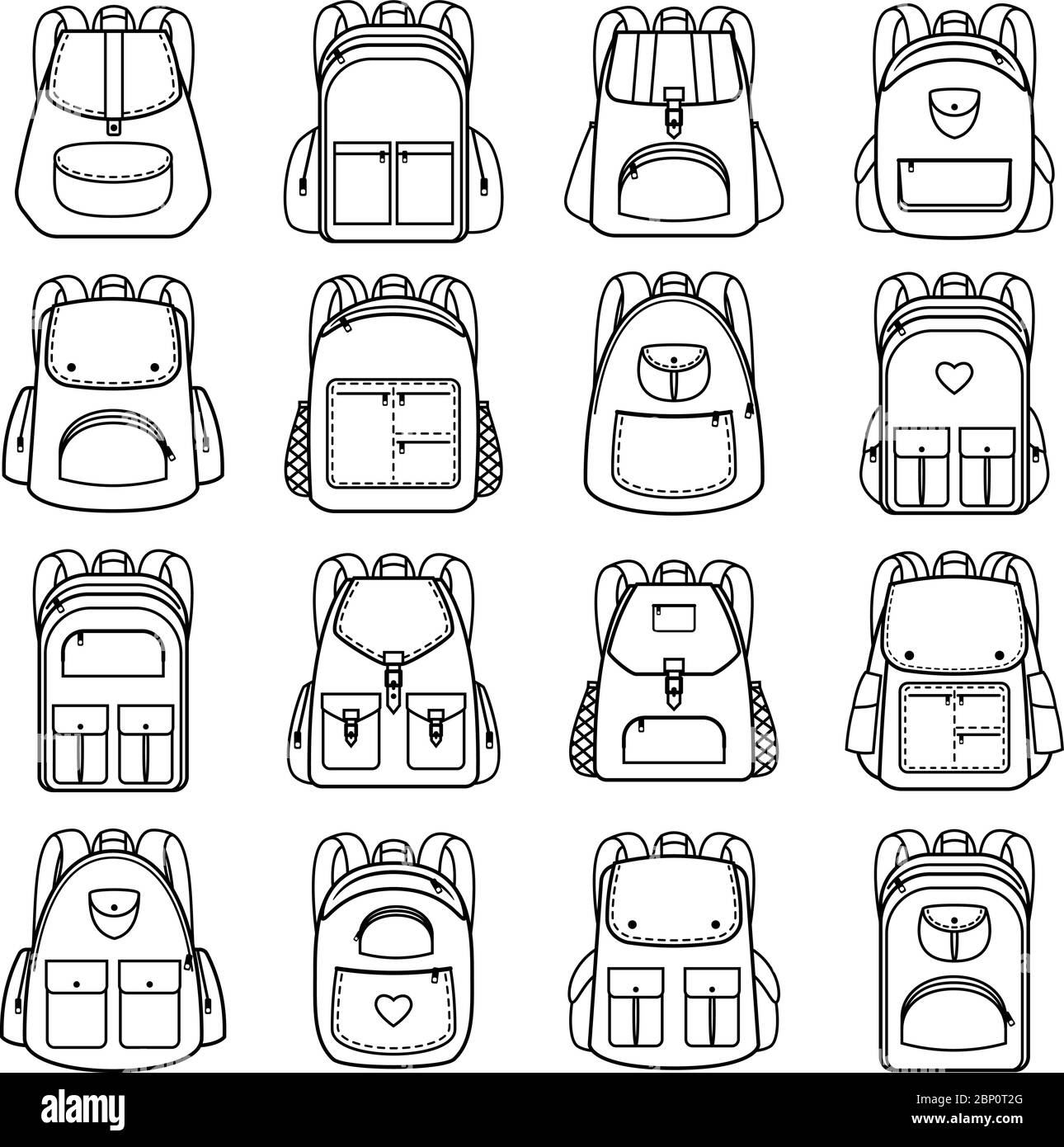 Icônes linéaires du sac. Sacs à dos Vector Line pour les voyages et la randonnée, les élèves et l'école Illustration de Vecteur