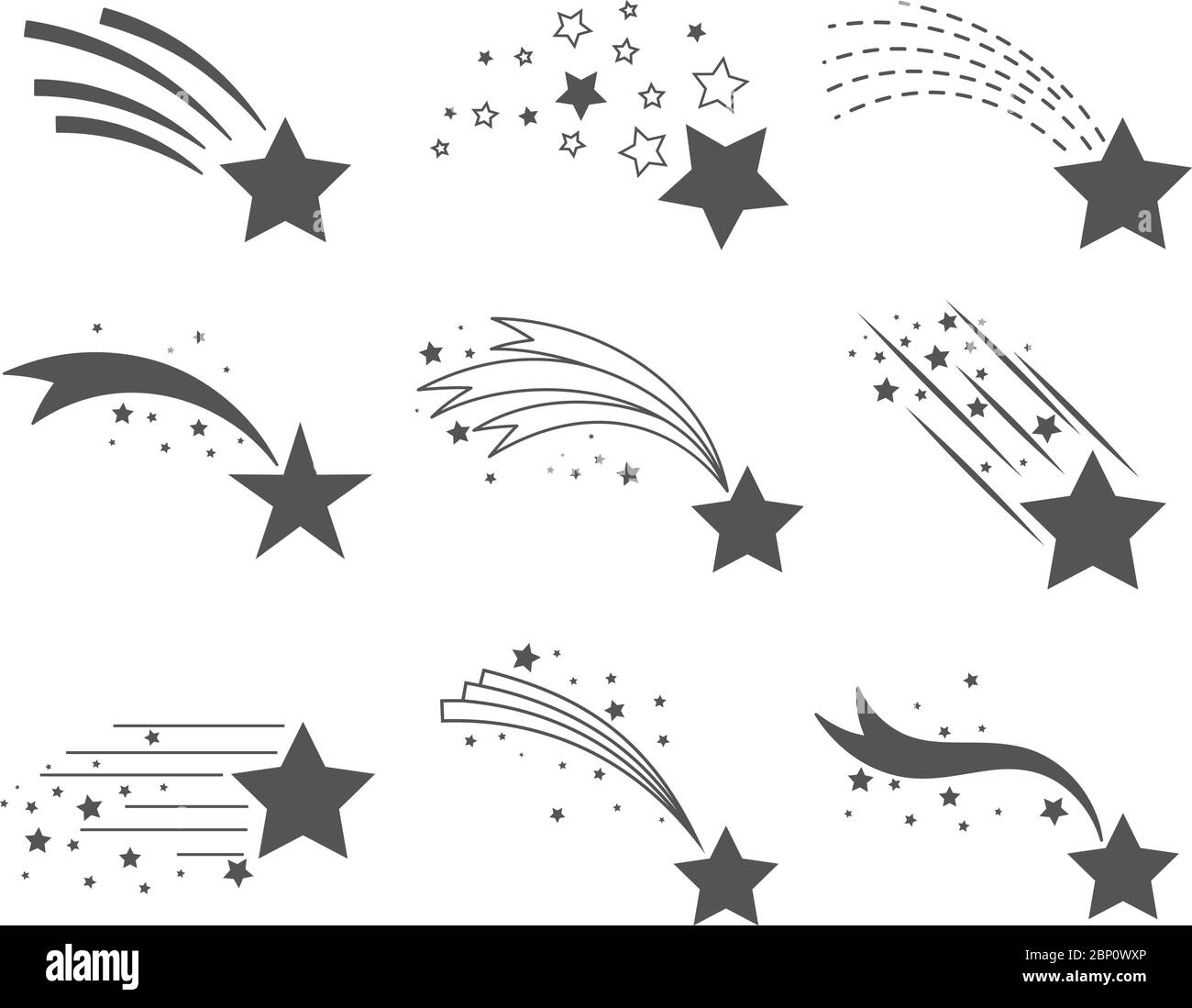 Icônes de tournage étoiles. Ensemble de vecteurs de queue de comète ou de piste d'étoile isolé sur fond blanc. Stardust chute de simples météorites Illustration de Vecteur