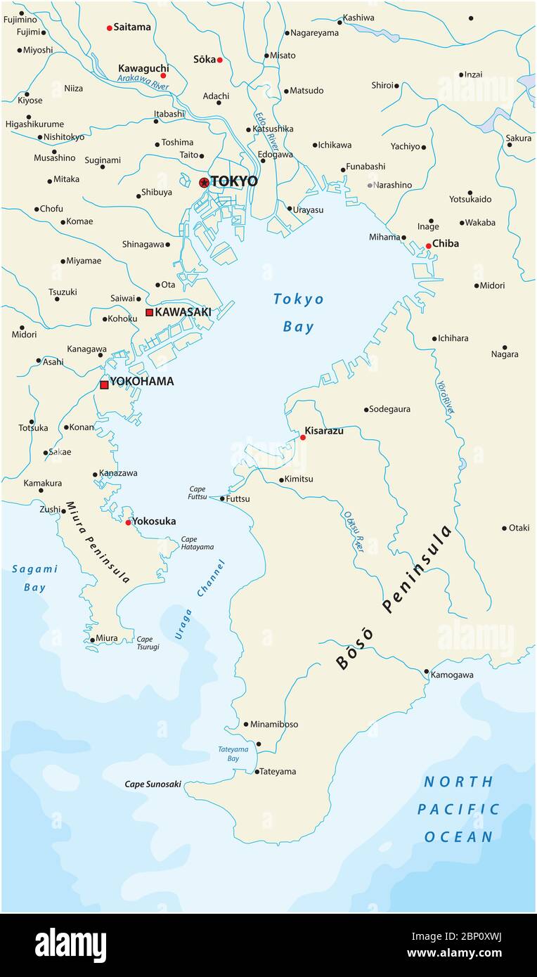 Carte vectorielle de la zone métropolitaine de la baie de Tokyo sur la côte du Pacifique Illustration de Vecteur