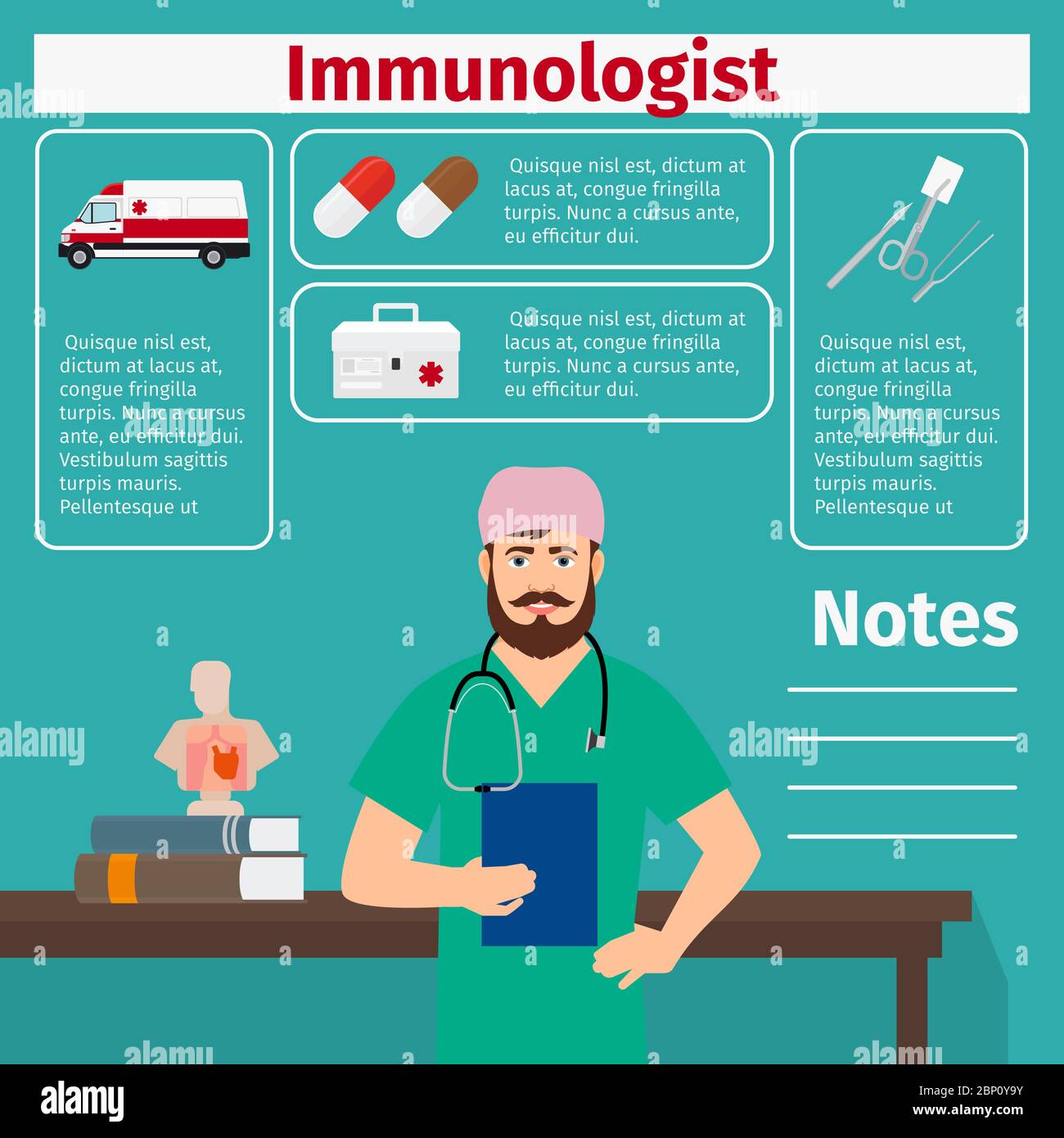 Icônes d'immunologiste et d'équipement médical avec éléments infographiques pour l'industrie médicale et pharmaceutique. Illustration vectorielle Illustration de Vecteur