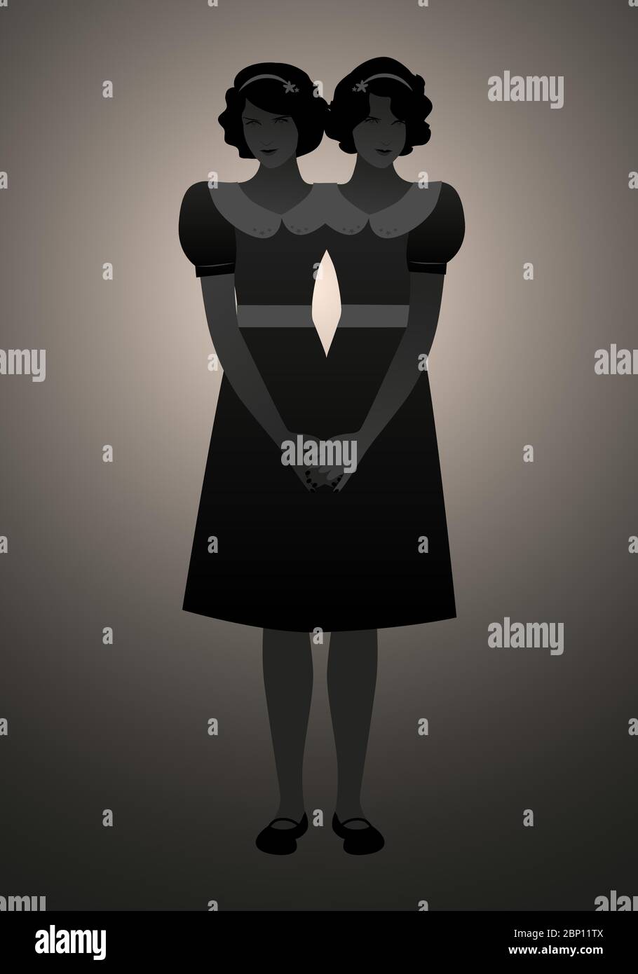 Silhouette rétro-éclairée de sœurs siamises vêtues dans l'ancienne Illustration de Vecteur