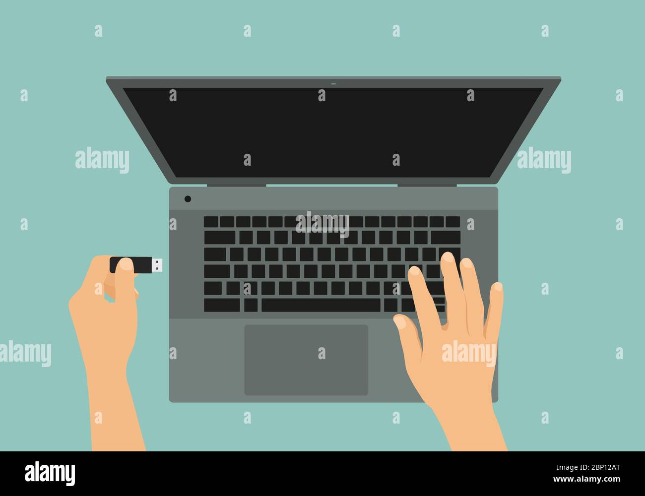 Illustration plate d'un ordinateur portable gris et d'une clé USB à connexion manuelle - Vector Banque D'Images