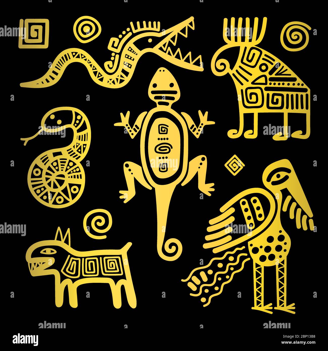 Vecteur de culture mexicaine primitive dorée signes tribaux sur noir Illustration de Vecteur