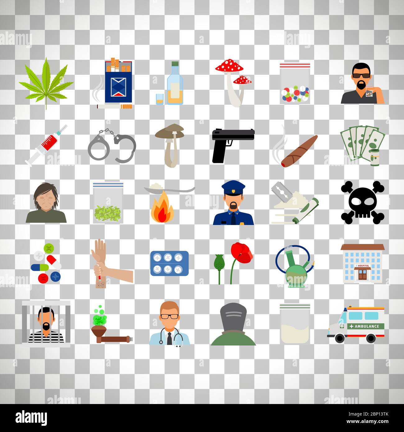 Icônes plates de drogues et de toxicomanie isolées sur fond transparent Illustration de Vecteur
