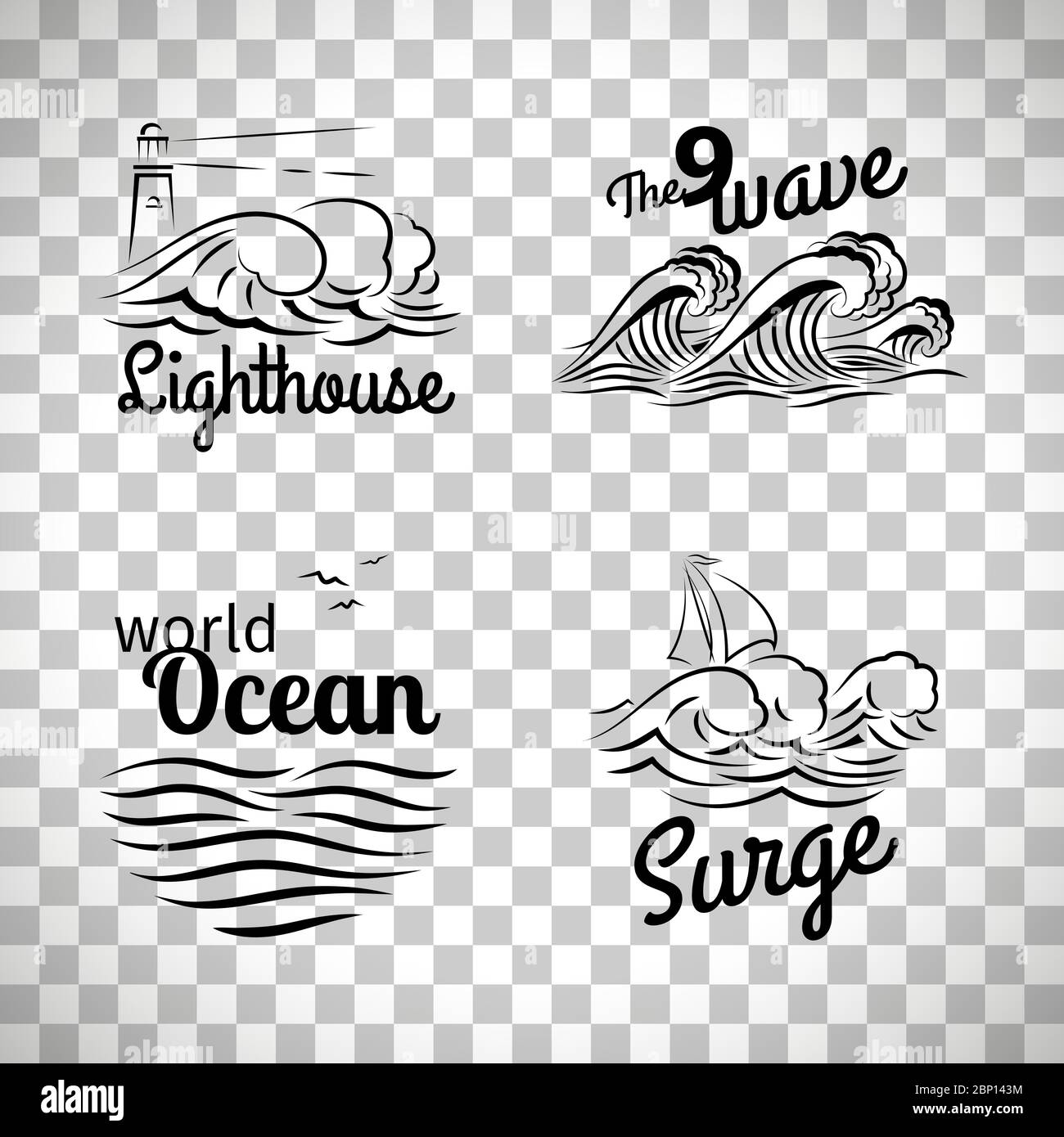 Ensemble de logo Ocean Wave, emblèmes avec vagues, phare et vecteur de bateau isolés sur fond transparent Illustration de Vecteur
