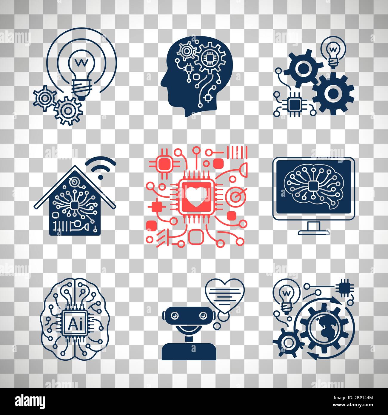 Les icônes des nouvelles technologies, les signes d'intelligence artificielle et les symboles d'innovation intelligents sont isolés sur fond transparent Illustration de Vecteur