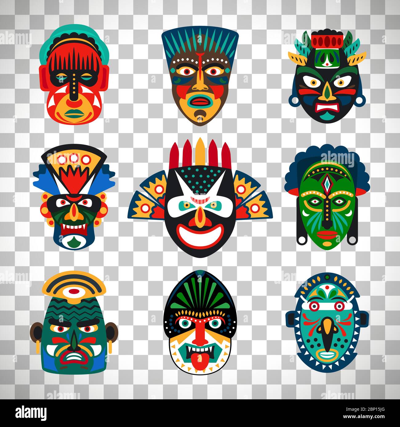 Masques colorés indiens ou africains isolés sur fond transparent. Illustration vectorielle Illustration de Vecteur