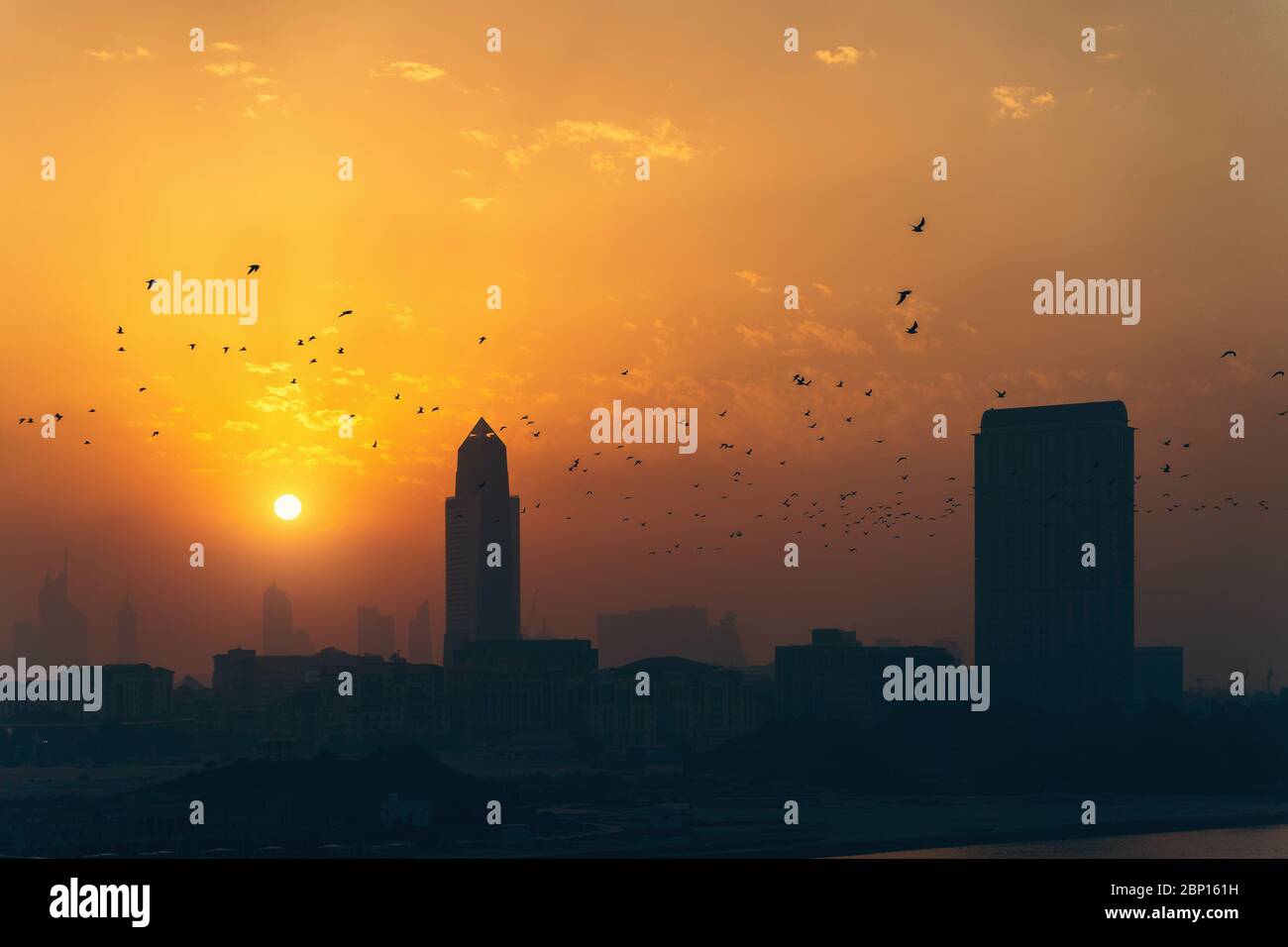 Panorama de Dubaï au coucher du soleil crépuscule le soir, silhouettes de bâtiments de la ville, eau. Banque D'Images