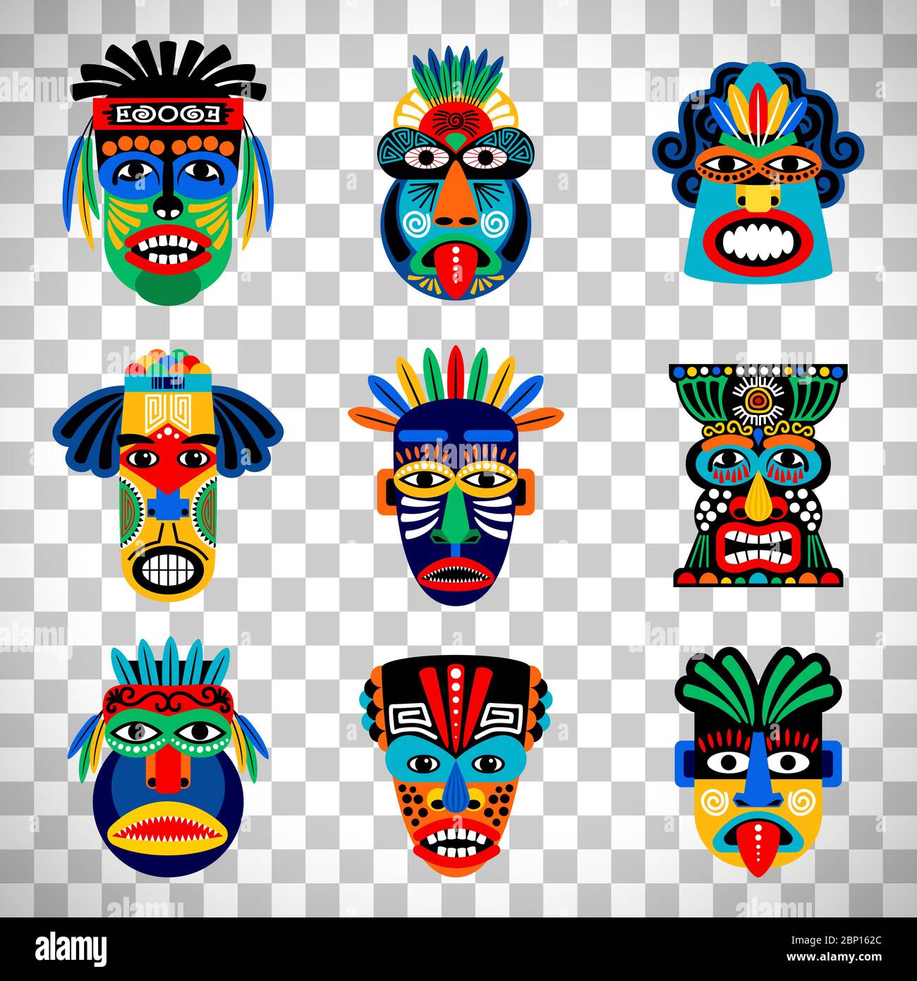 Icônes vectorielles de masque Zulu ou aztec. Masques guerriers indiens mexicains inca isolés sur fond transparent Illustration de Vecteur