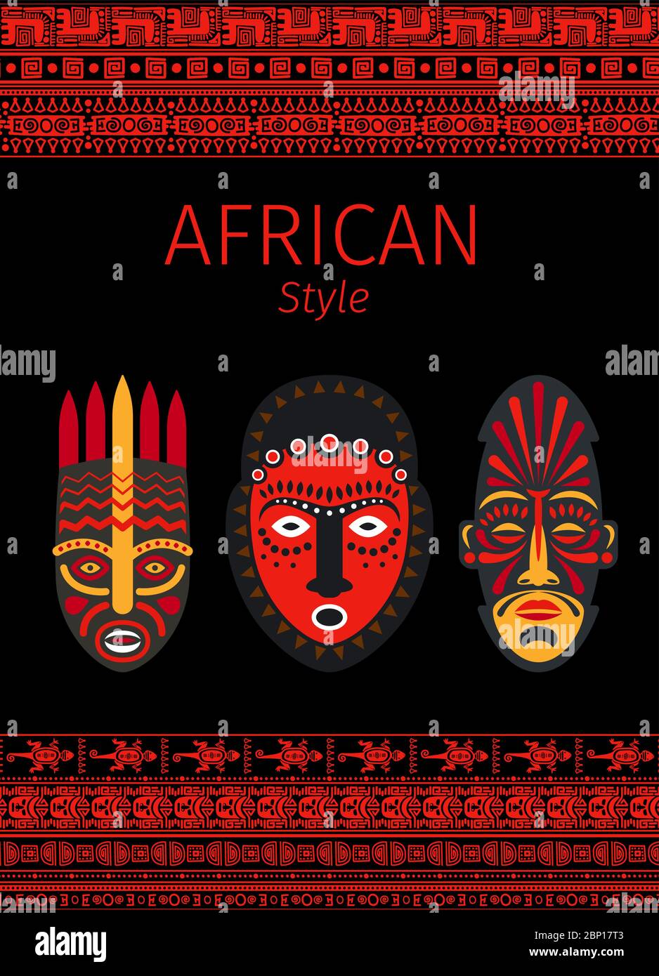 Motif vectoriel de style africain avec bordures rouges et symbole de masque Illustration de Vecteur