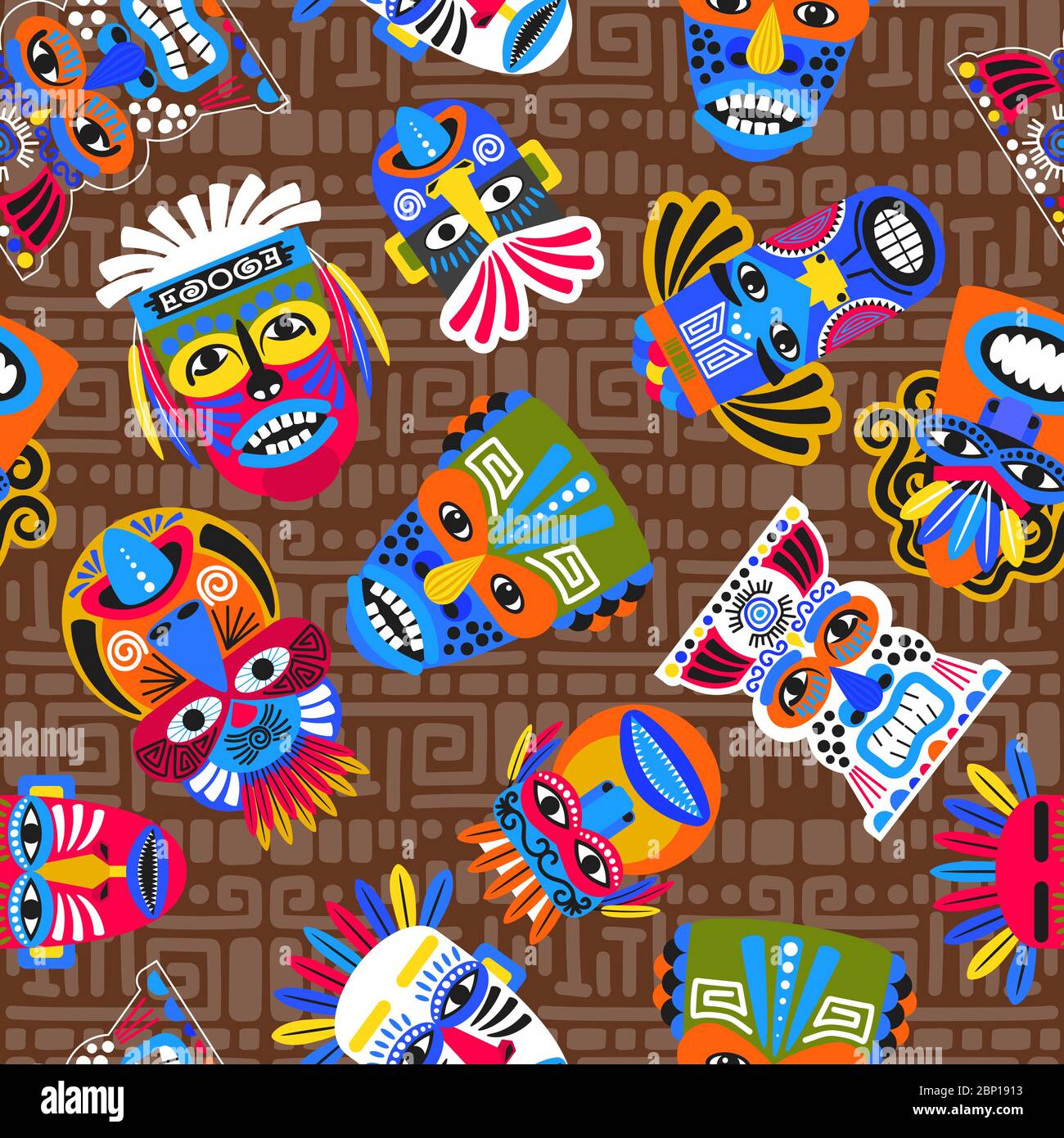 Motif tribal brun sans couture avec masques et spirales géométriques stylées, illustration vectorielle Illustration de Vecteur