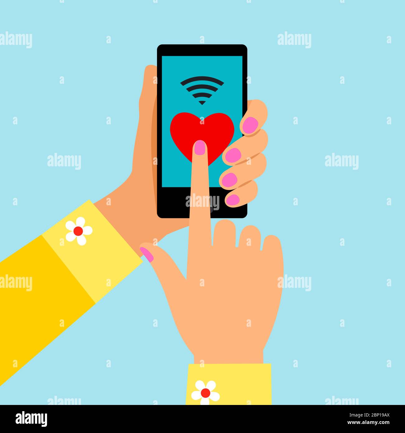 Femme mains tenant le téléphone et envoyant coeur rouge, illustration vectorielle Illustration de Vecteur