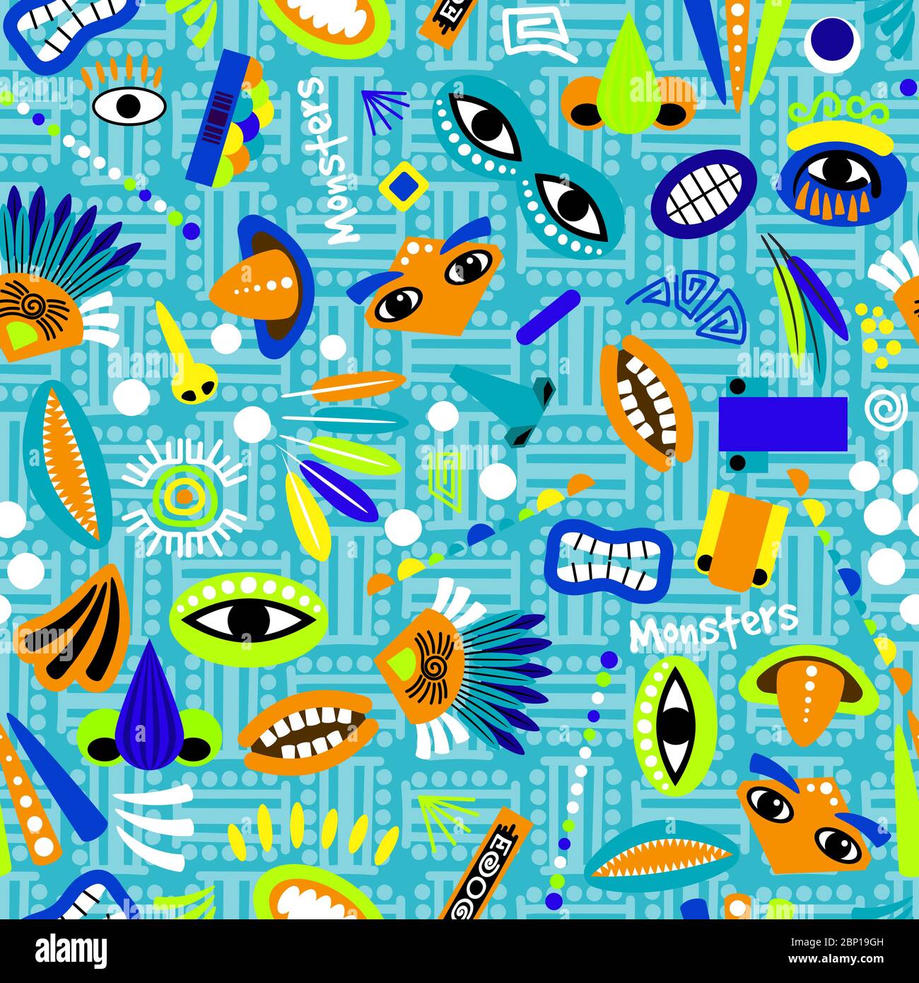 Motif bleu amusant sans couture pour enfants textile avec plumes, yeux et bouches, illustration vectorielle Illustration de Vecteur