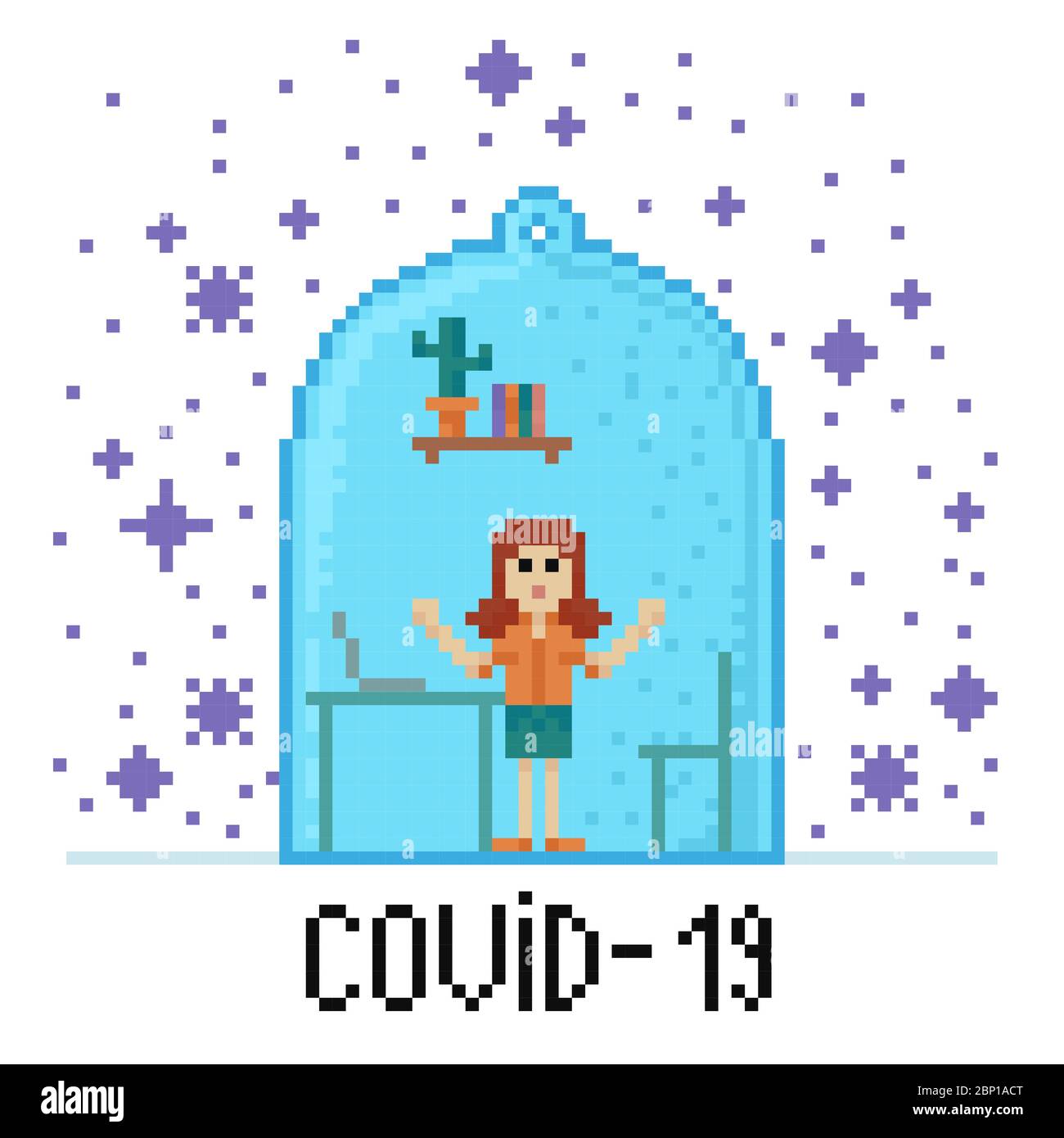 Fille sous la casquette de verre, autour du coronavirus volant COVID-19. Peut être utilisé pour l'affiche, la bannière Web. Éclosion, quarantaine, concept d'isolement pandémique Illustration de Vecteur