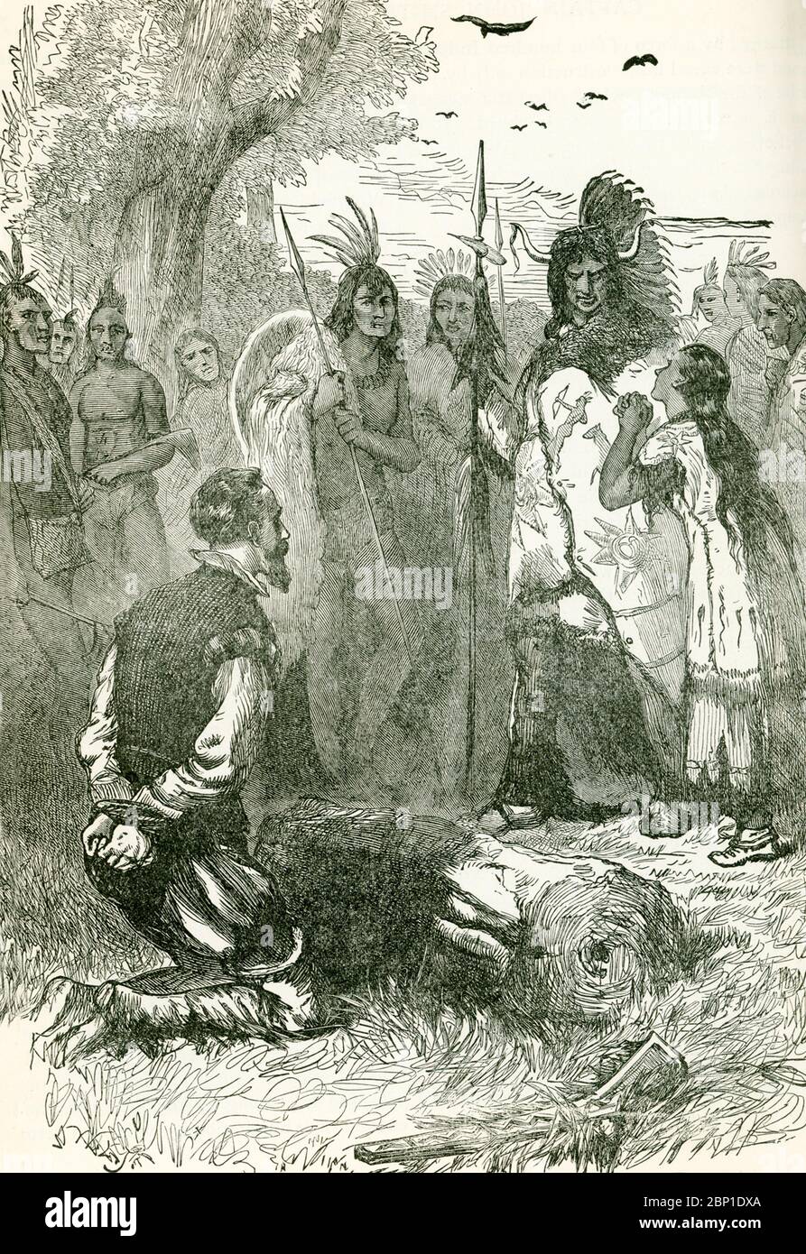 Cette illustration des années 1890 montre l'intercession de Pocahontas pour la vie du capitaine John Smith. La tradition (non authentifiée) dit que Pocahontas a sauvé John Smith de la mort aux mains des Indiens d'Amérique. Banque D'Images