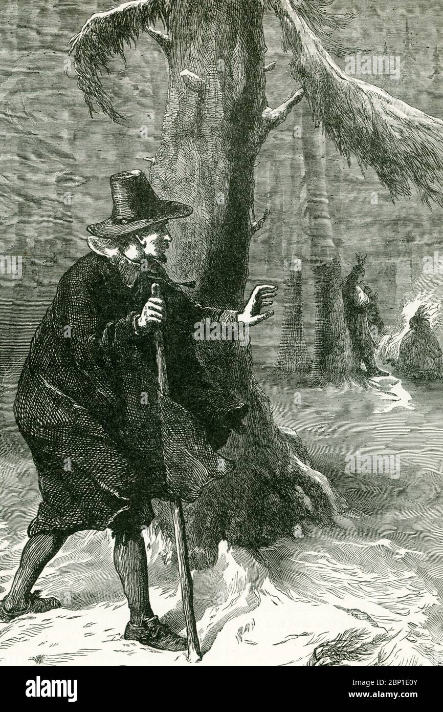 Cette illustration des années 1890 montre Roger Williams (1603-1683) à la recherche d'un refuge parmi les Indiens. Williams était un ministre puritain, théologien et auteur qui fonda Providence plantations, qui devint la colonie du Rhode Island. En octobre 1635, le Tribunal a jugé Williams et l'a reconnu coupable de sédition et d'hérésie et a ordonné qu'il soit banni. En janvier 1636, il a glissé pendant un blizzard et a parcouru 55 miles à travers la neige profonde, de Salem à Raynham, Massachusetts où les Wampanoags locaux lui ont offert un abri à leur camp d'hiver., comme on l'a vu ici. Sachem Massasit a accueilli Williams t Banque D'Images