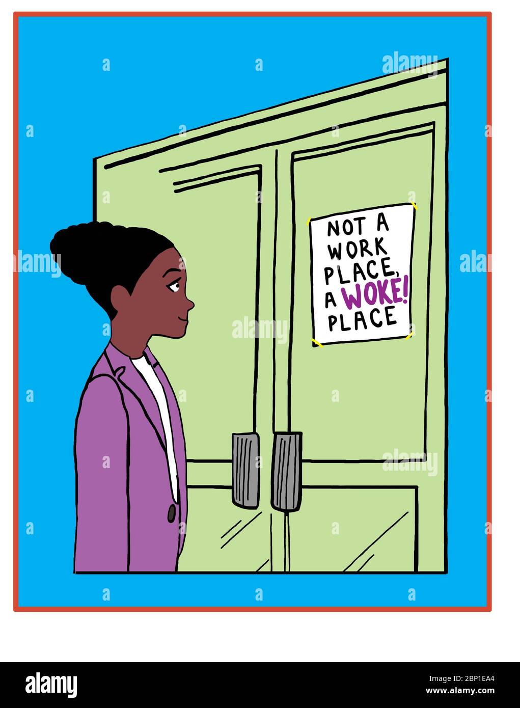 Caricature en couleur montrant une belle femme afro-américaine souriante en lisant un panneau indiquant que ce n'est pas un lieu de travail, mais un lieu de woke. Banque D'Images