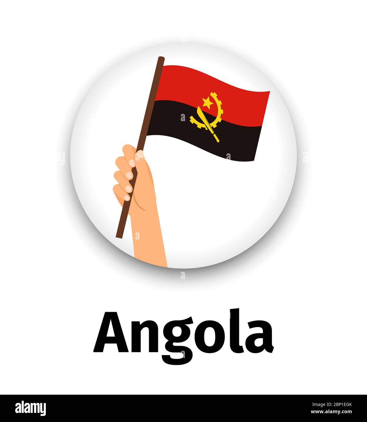Drapeau angolais en main, icône ronde avec ombre isolée sur blanc. Indicateur de main humaine, illustration vectorielle Illustration de Vecteur